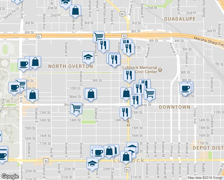 map of restaurants, bars, coffee shops, grocery stores, and more near 1001 Avenue S in Lubbock