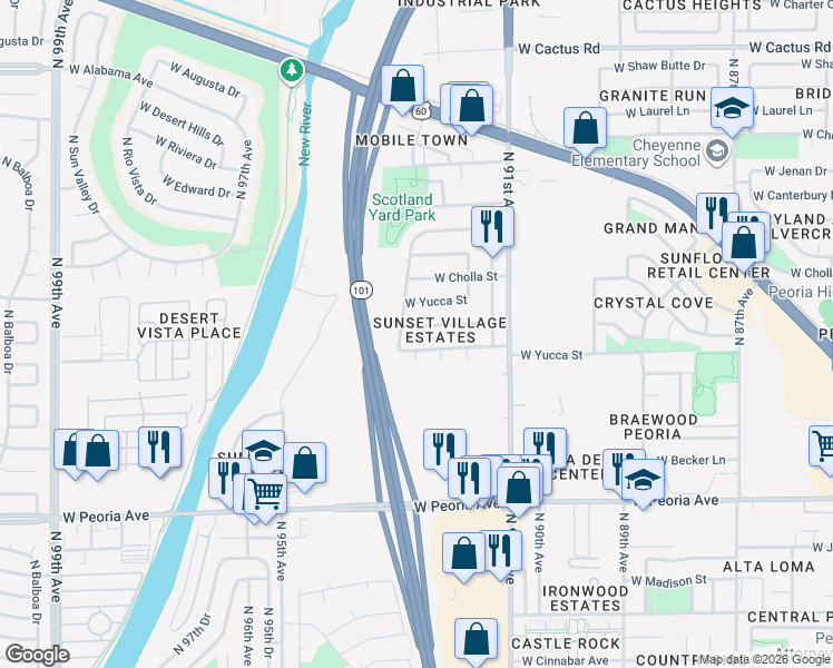 map of restaurants, bars, coffee shops, grocery stores, and more near 9251 West Gary Road in Peoria