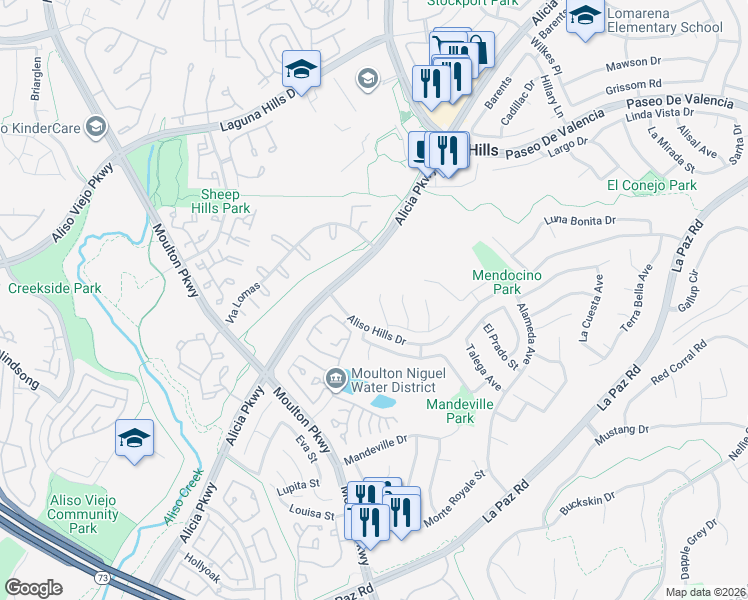 map of restaurants, bars, coffee shops, grocery stores, and more near 25891 El Segundo Street in Laguna Hills