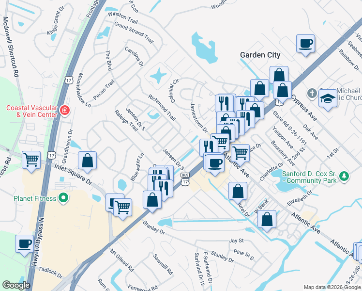 map of restaurants, bars, coffee shops, grocery stores, and more near 2927 Duke Trail in Murrells Inlet