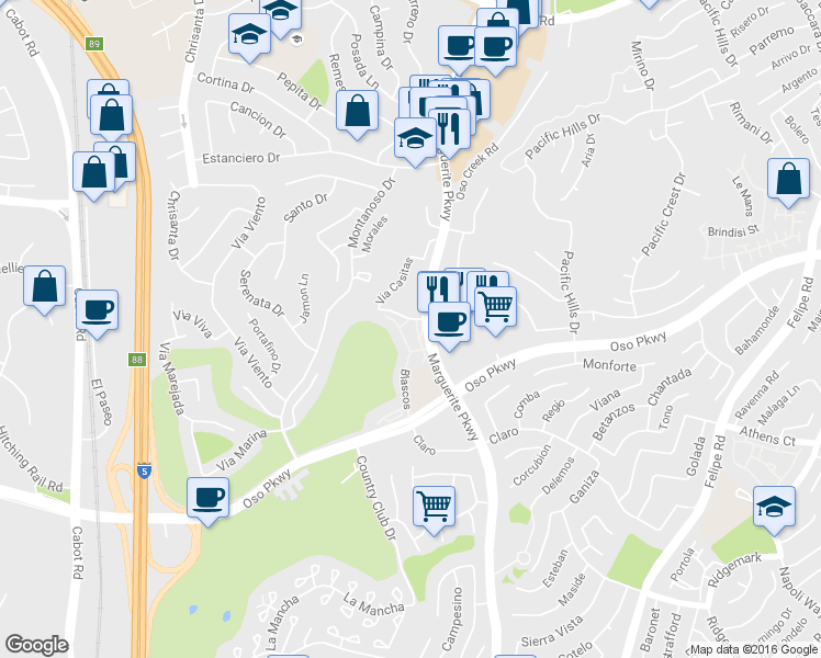 map of restaurants, bars, coffee shops, grocery stores, and more near 25913 Orbita in Mission Viejo