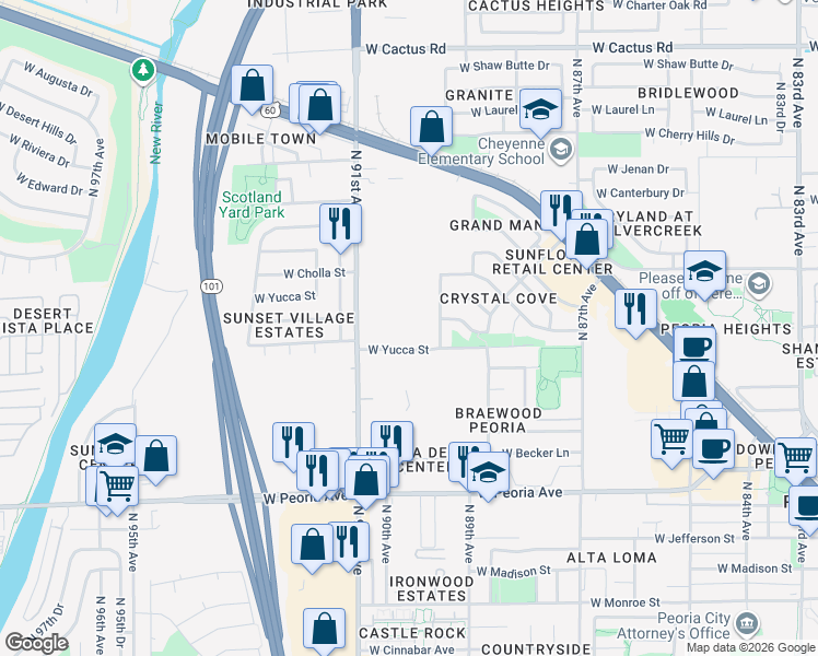 map of restaurants, bars, coffee shops, grocery stores, and more near 11411 North 91st Avenue in Peoria
