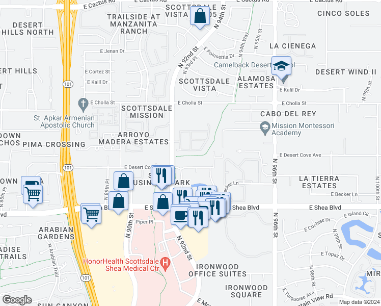 map of restaurants, bars, coffee shops, grocery stores, and more near East Apartment in Scottsdale