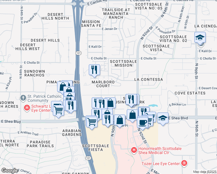 map of restaurants, bars, coffee shops, grocery stores, and more near 9065 East Gary Road in Scottsdale