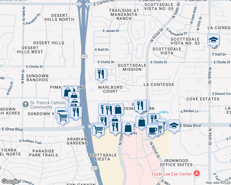 map of restaurants, bars, coffee shops, grocery stores, and more near 9065 East Gary Road in Scottsdale