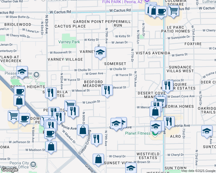 map of restaurants, bars, coffee shops, grocery stores, and more near 11207 North 79th Avenue in Peoria