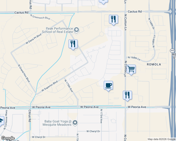 map of restaurants, bars, coffee shops, grocery stores, and more near 11233 North Blakely Street in Surprise