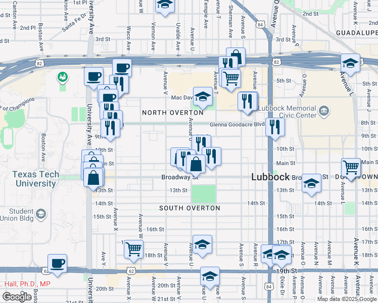 map of restaurants, bars, coffee shops, grocery stores, and more near 2102 10th Street in Lubbock