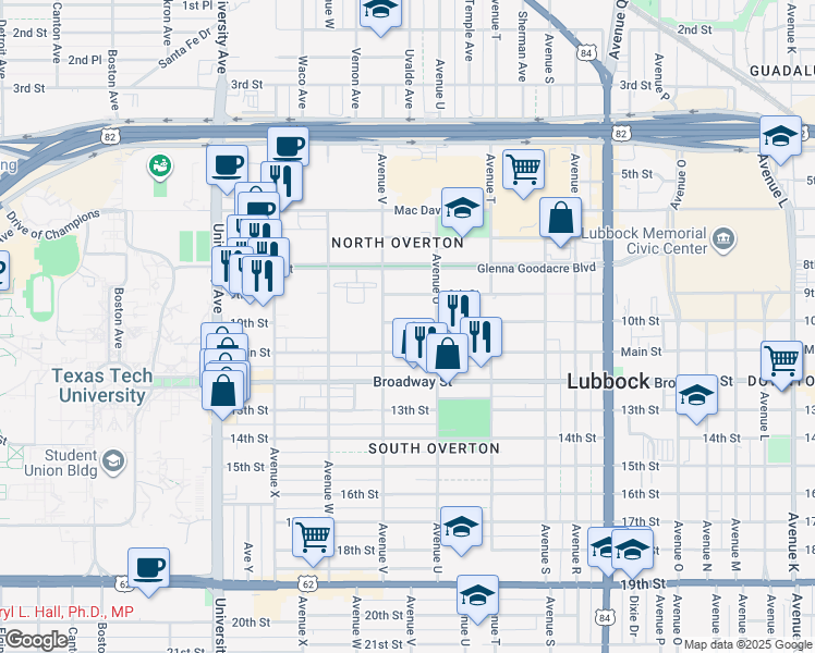 map of restaurants, bars, coffee shops, grocery stores, and more near 2132 10th Street in Lubbock