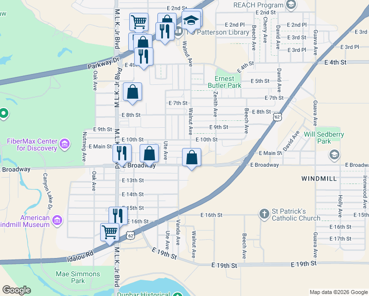 map of restaurants, bars, coffee shops, grocery stores, and more near 2120 10th Street in Lubbock