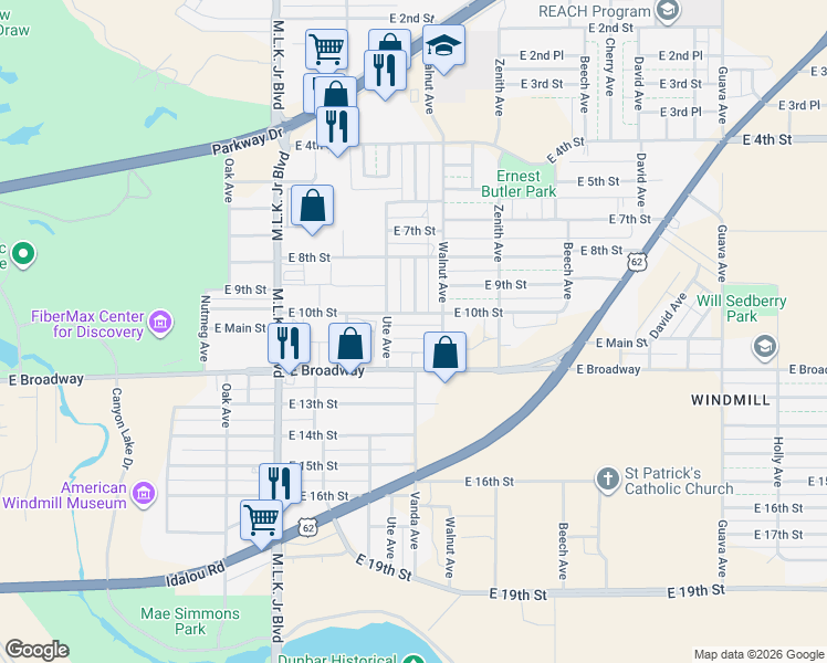 map of restaurants, bars, coffee shops, grocery stores, and more near 2120 10th Street in Lubbock