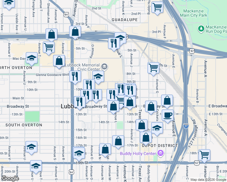 map of restaurants, bars, coffee shops, grocery stores, and more near 1350-1398 10th Street in Lubbock