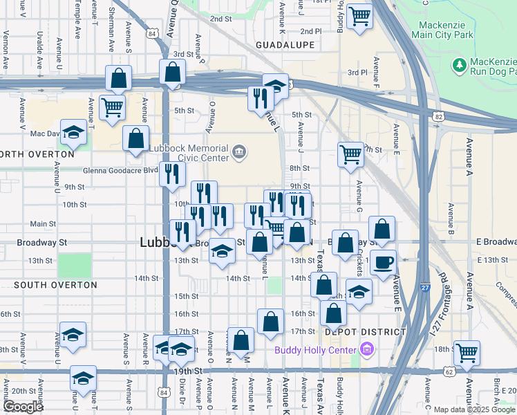 map of restaurants, bars, coffee shops, grocery stores, and more near 1350-1398 10th Street in Lubbock