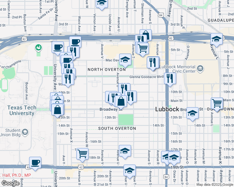 map of restaurants, bars, coffee shops, grocery stores, and more near 2102 10th Street in Lubbock