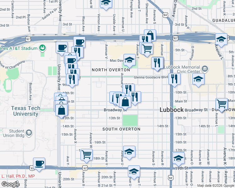 map of restaurants, bars, coffee shops, grocery stores, and more near 2102 10th Street in Lubbock