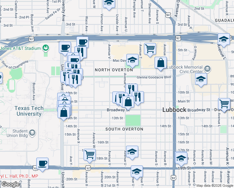 map of restaurants, bars, coffee shops, grocery stores, and more near 2132 10th Street in Lubbock