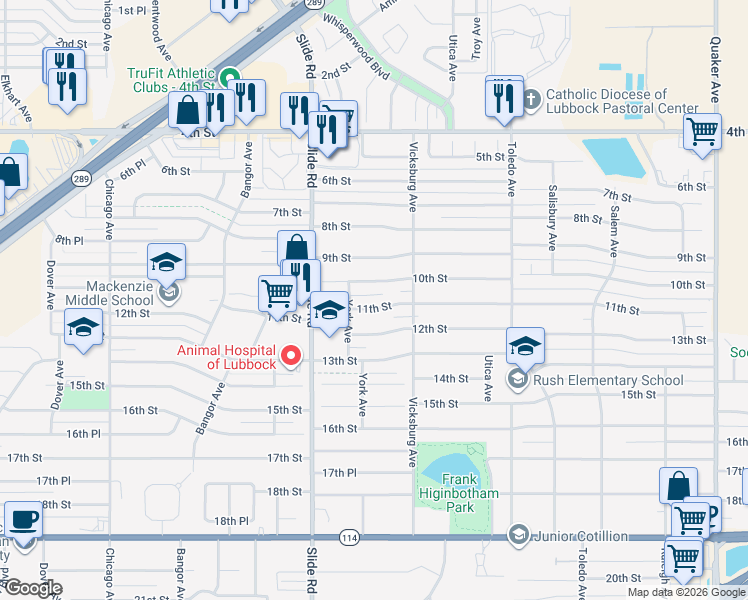 map of restaurants, bars, coffee shops, grocery stores, and more near 4920 11th Street in Lubbock