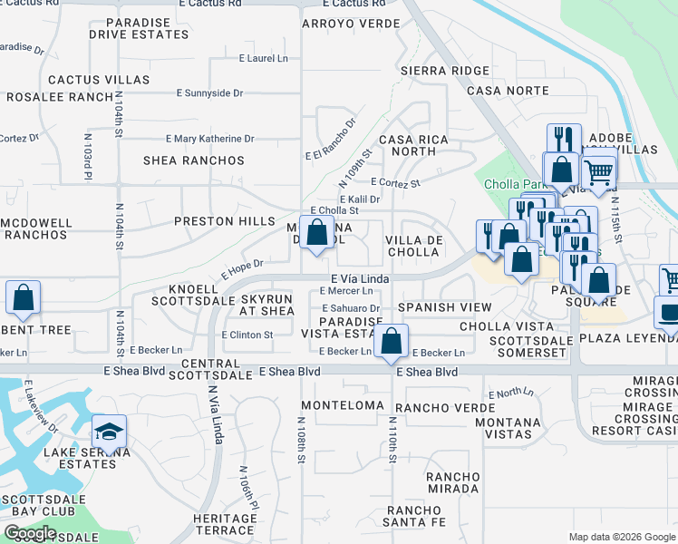 map of restaurants, bars, coffee shops, grocery stores, and more near 10918 East Hope Drive in Scottsdale