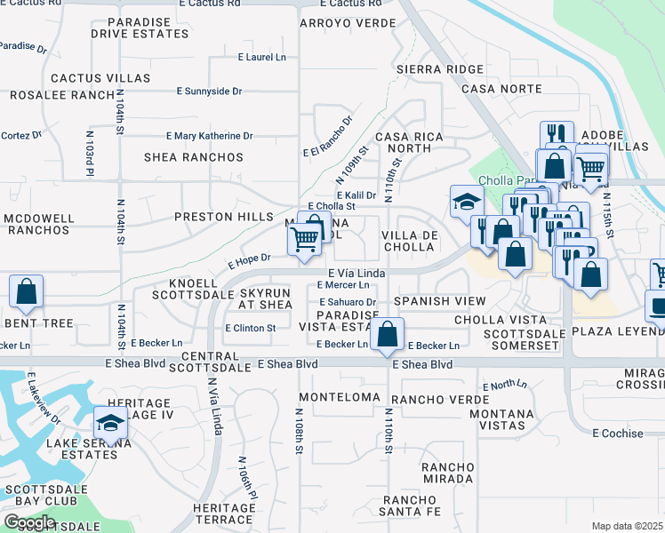 map of restaurants, bars, coffee shops, grocery stores, and more near 10918 East Hope Drive in Scottsdale