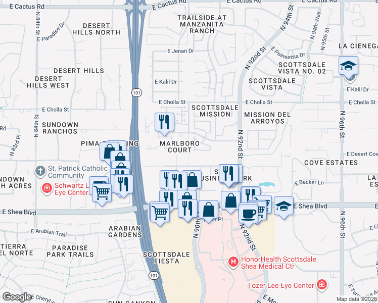 map of restaurants, bars, coffee shops, grocery stores, and more near 9065 East Gary Road in Scottsdale