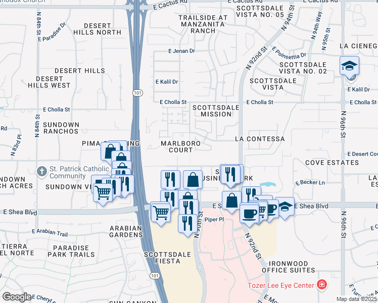 map of restaurants, bars, coffee shops, grocery stores, and more near 9065 East Gary Road in Scottsdale