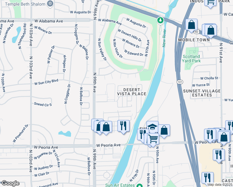 map of restaurants, bars, coffee shops, grocery stores, and more near 11276 North 99th Avenue in Peoria