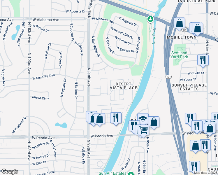 map of restaurants, bars, coffee shops, grocery stores, and more near 11276 North 99th Avenue in Peoria