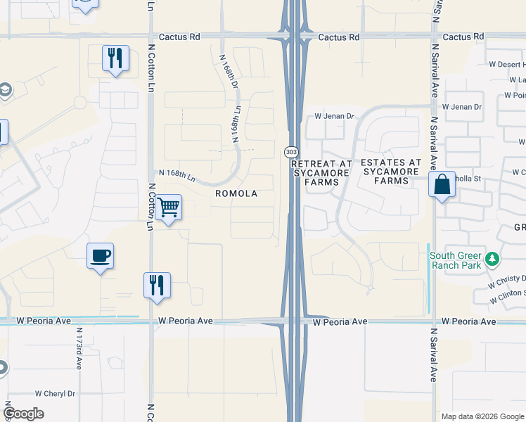 map of restaurants, bars, coffee shops, grocery stores, and more near Bob Stump Memorial Parkway in Surprise