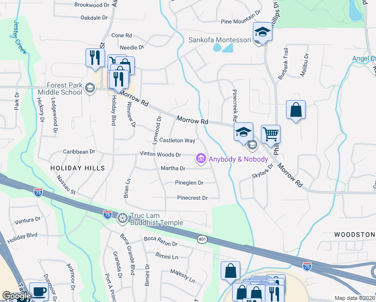 map of restaurants, bars, coffee shops, grocery stores, and more near 986 Vinton Woods Drive in Forest Park