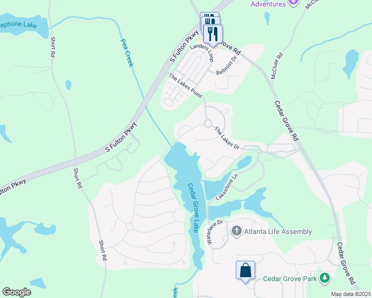 map of restaurants, bars, coffee shops, grocery stores, and more near 629 Greyhawk Way in Fairburn