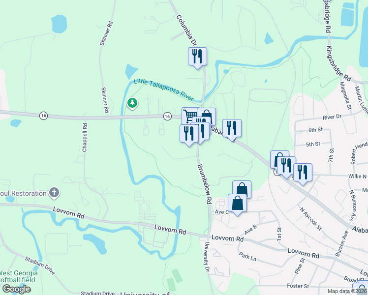map of restaurants, bars, coffee shops, grocery stores, and more near 203 Brumbelow Rd in Carrollton