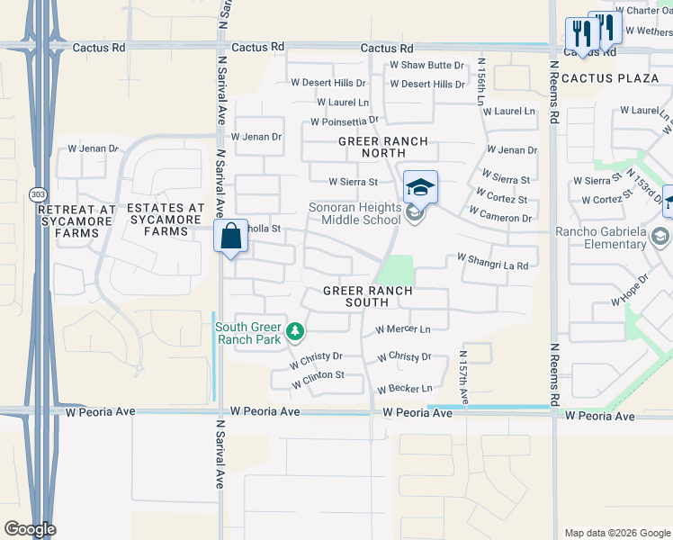 map of restaurants, bars, coffee shops, grocery stores, and more near 16005 West Yucatan Drive in Surprise