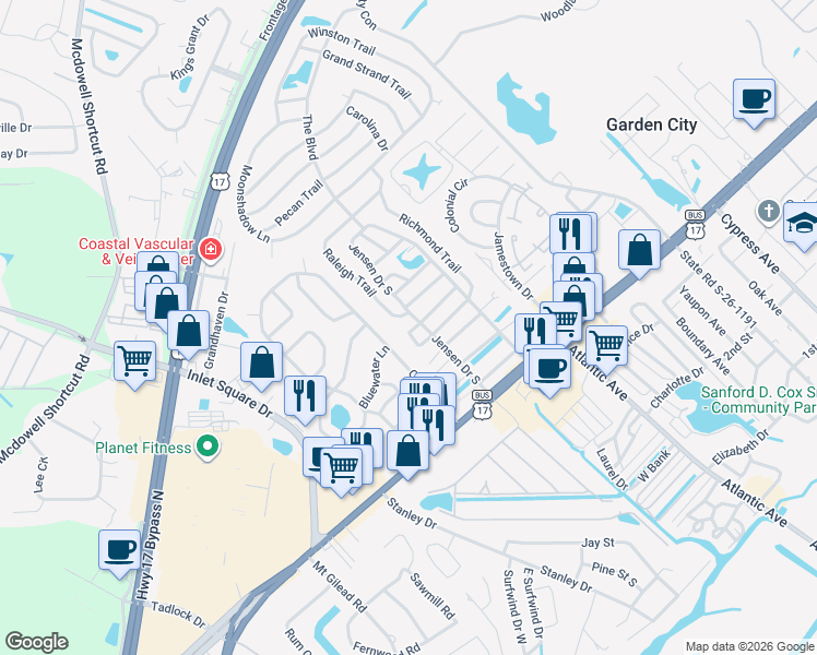 map of restaurants, bars, coffee shops, grocery stores, and more near 703 Raleigh Trail in Murrells Inlet