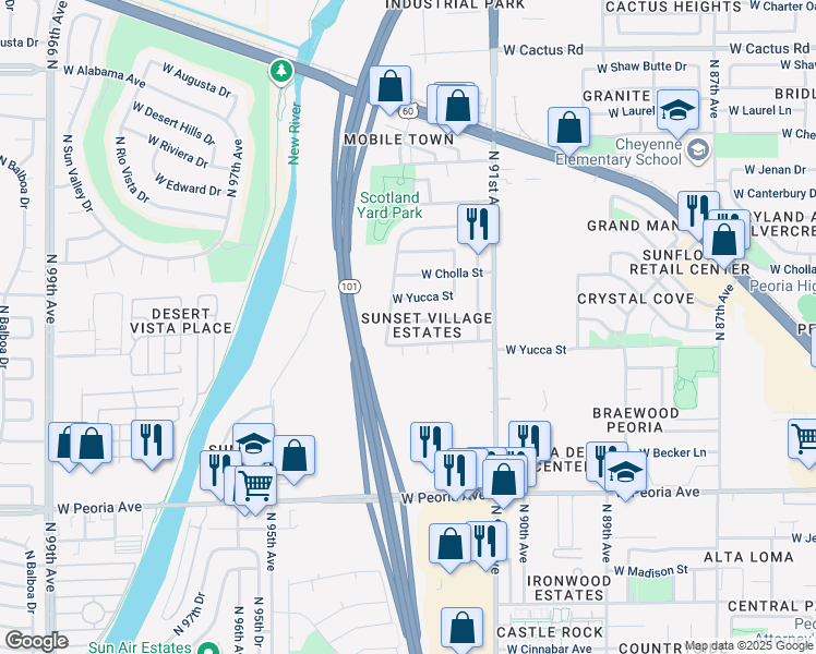 map of restaurants, bars, coffee shops, grocery stores, and more near 9251 West Gary Road in Peoria