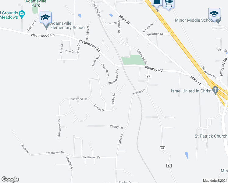 map of restaurants, bars, coffee shops, grocery stores, and more near 414 Debby Lane in Adamsville