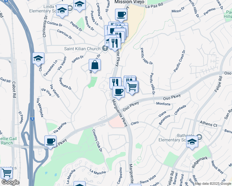 map of restaurants, bars, coffee shops, grocery stores, and more near 26002 Marguerite Parkway in Mission Viejo