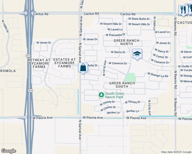 map of restaurants, bars, coffee shops, grocery stores, and more near 16177 West Shangri La Road in Surprise