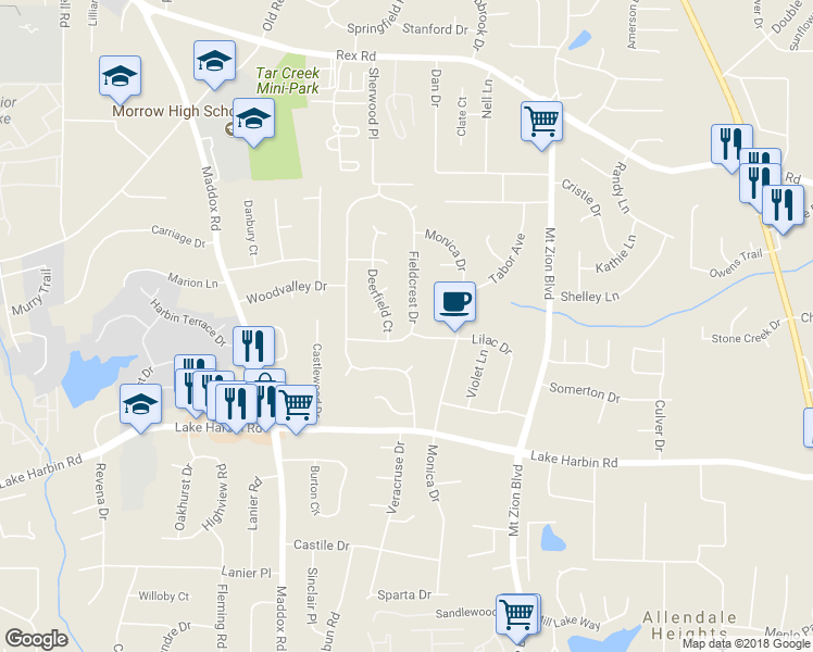 map of restaurants, bars, coffee shops, grocery stores, and more near 6171 Fieldcrest Drive in Morrow