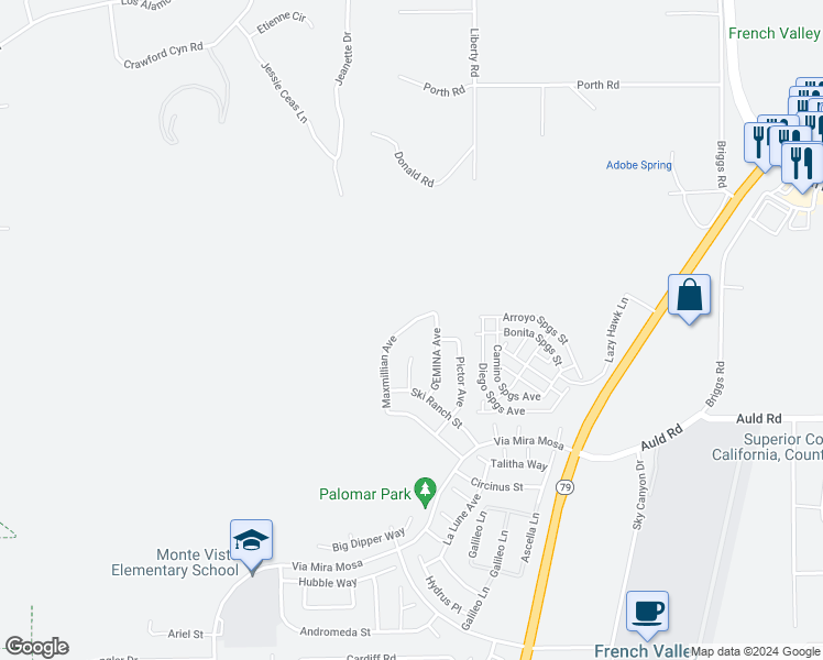 map of restaurants, bars, coffee shops, grocery stores, and more near 36796 Maxmillian Avenue in Murrieta