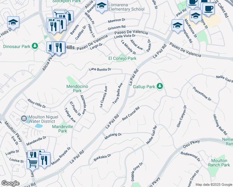 map of restaurants, bars, coffee shops, grocery stores, and more near 25132 Natama Court in Laguna Hills