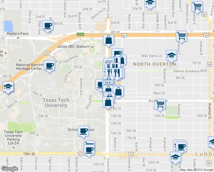 map of restaurants, bars, coffee shops, grocery stores, and more near University Avenue in Lubbock