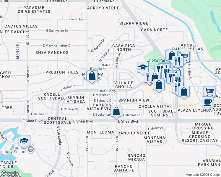 map of restaurants, bars, coffee shops, grocery stores, and more near 10965 East Hope Drive in Scottsdale