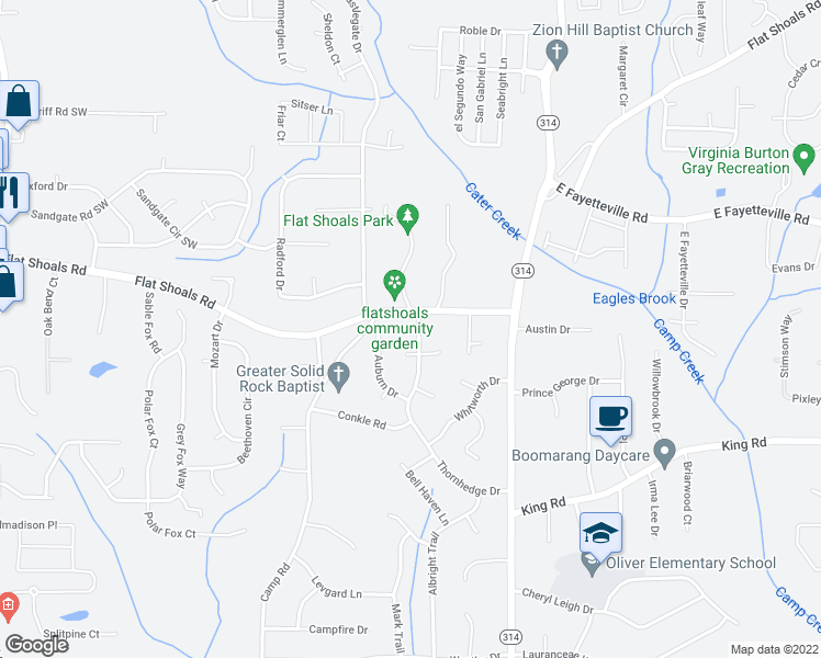 map of restaurants, bars, coffee shops, grocery stores, and more near 1938 Flat Shoals Road in Riverdale