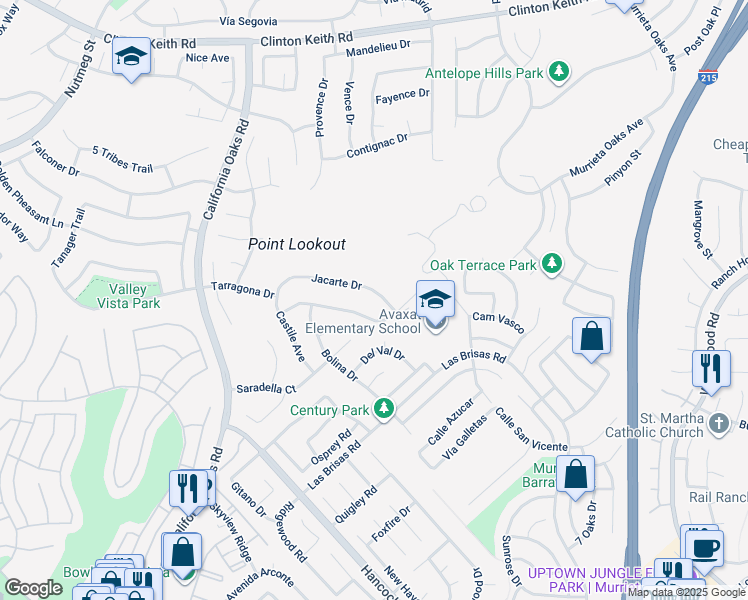 map of restaurants, bars, coffee shops, grocery stores, and more near 24559 Jacarte Drive in Murrieta