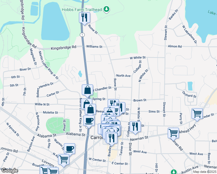 map of restaurants, bars, coffee shops, grocery stores, and more near 123 West Chandler Street in Carrollton