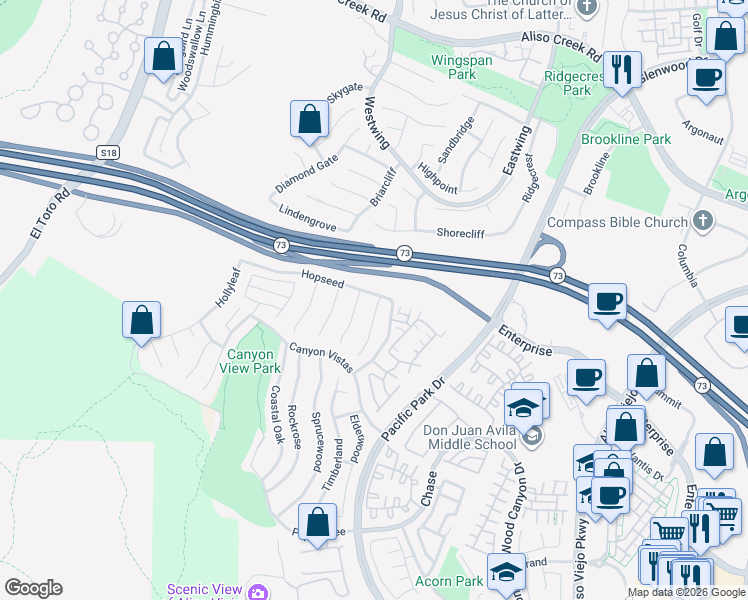 map of restaurants, bars, coffee shops, grocery stores, and more near 1 Deerwood in Aliso Viejo