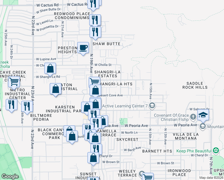 map of restaurants, bars, coffee shops, grocery stores, and more near 1722 West Desert Cove Avenue in Phoenix