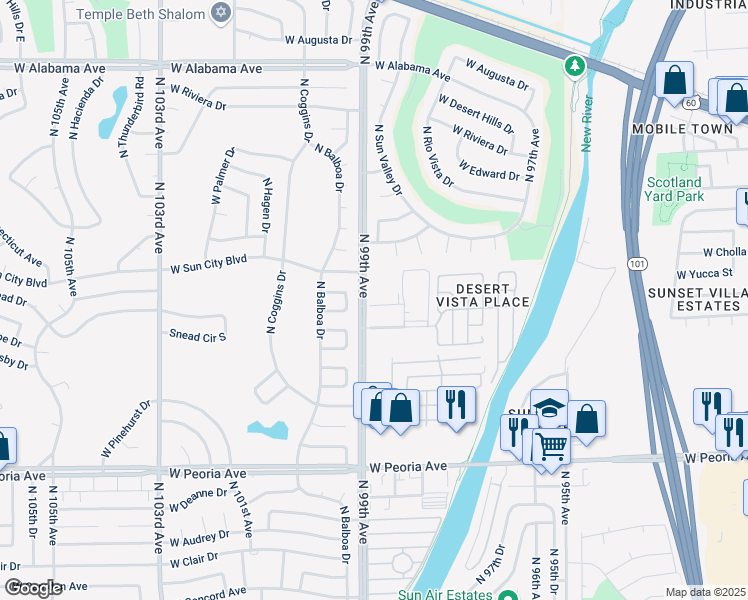 map of restaurants, bars, coffee shops, grocery stores, and more near 107 North 99th Avenue in Peoria