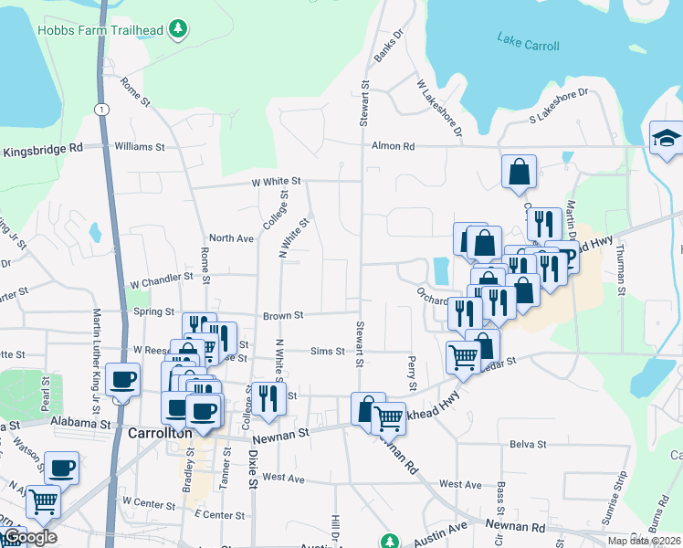map of restaurants, bars, coffee shops, grocery stores, and more near 134 Patterson Street in Carrollton