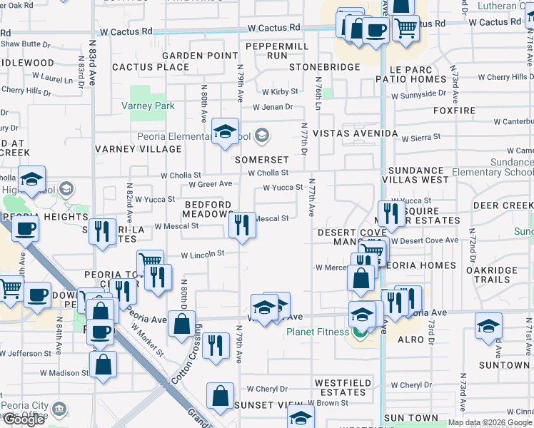 map of restaurants, bars, coffee shops, grocery stores, and more near 7814 West Mescal Street in Peoria